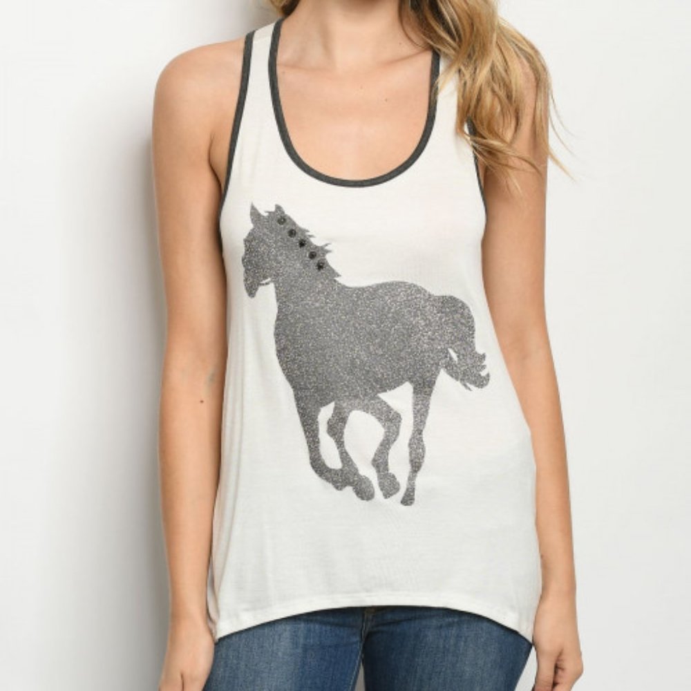 GLITTER HORSE DESIGN TANK TOP - White